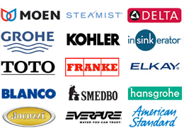 Image of some of the different logos of plumbing fixture and accessories brands we carry.