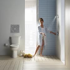 American Standard equipped bathroom with woman in it